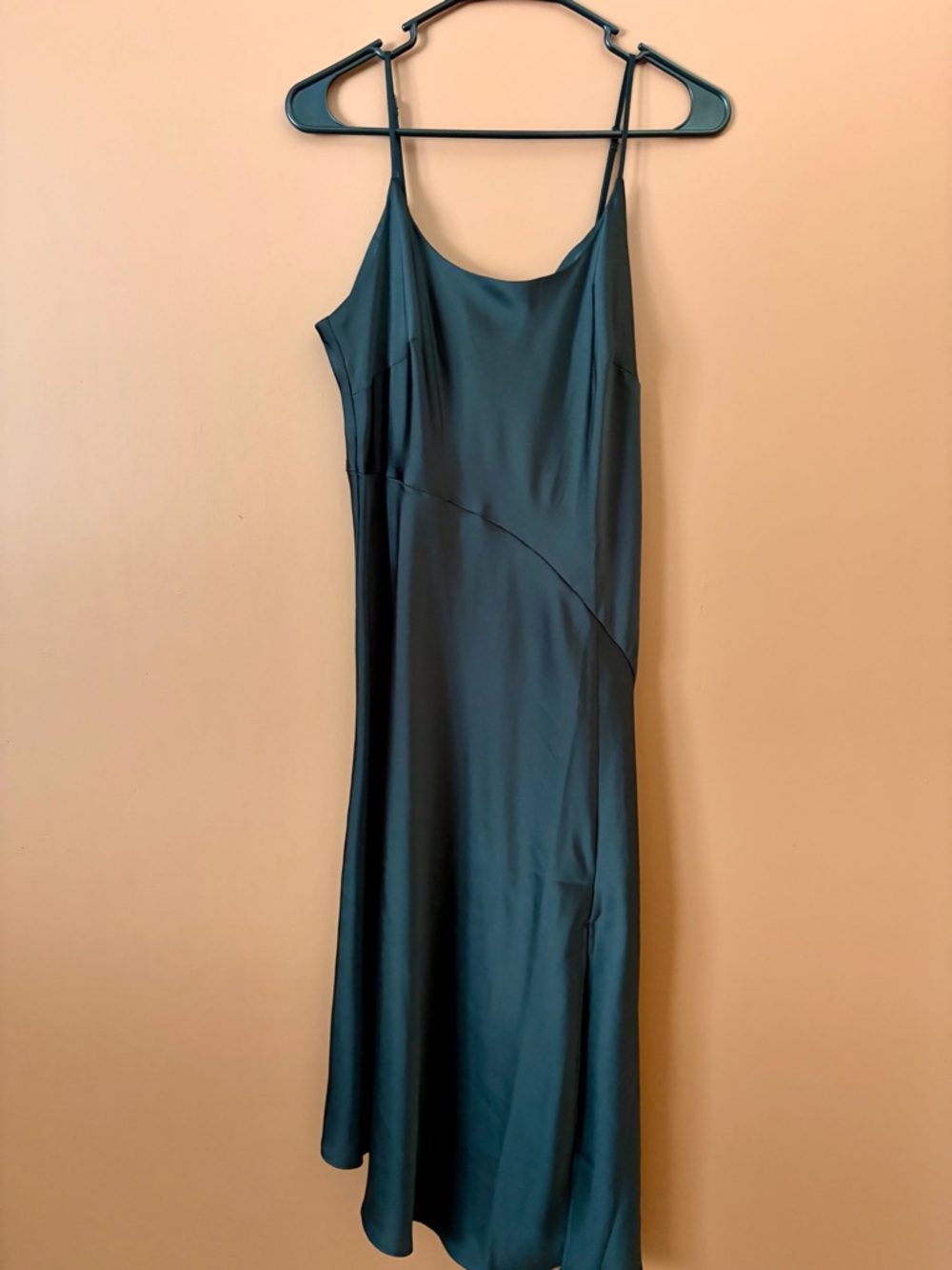 Black Satin Slip Dress M Midi Spaghetti Strap Side Slit Minimal Classic